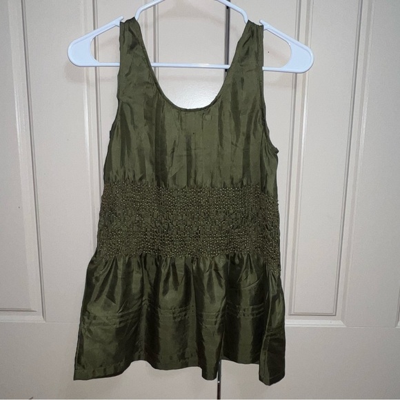IPSA Anthropologie 100% Silk Olive Green Satin Beaded Peplum Blouse Size Medium - Picture 7 of 9